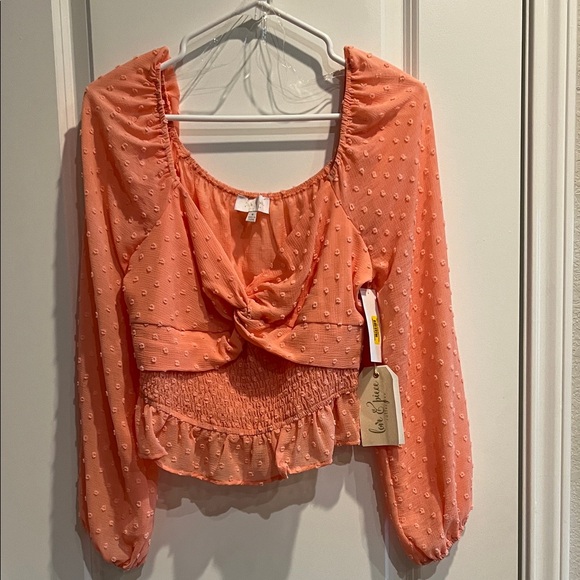 Secret Charm Tops - Elegant Peach Blouse with Ruffle Detail